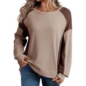imageDokotoo Oversized Sweatshirt for Women Waffle Knit Color Block Crewneck Long Sleeve Casual High Low Pullover Sweatshirts TopsBrown