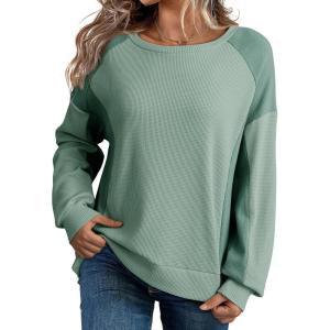 imageDokotoo Oversized Sweatshirt for Women Waffle Knit Color Block Crewneck Long Sleeve Casual High Low Pullover Sweatshirts TopsGreen