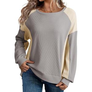 imageDokotoo Oversized Sweatshirt for Women Waffle Knit Color Block Crewneck Long Sleeve Casual High Low Pullover Sweatshirts TopsGrey