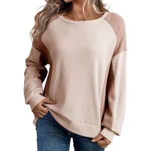imageDokotoo Oversized Sweatshirt for Women Waffle Knit Color Block Crewneck Long Sleeve Casual High Low Pullover Sweatshirts TopsKhaki