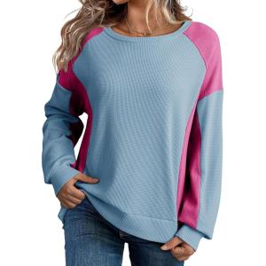 imageDokotoo Oversized Sweatshirt for Women Waffle Knit Color Block Crewneck Long Sleeve Casual High Low Pullover Sweatshirts TopsLight Blue