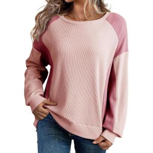 imageDokotoo Oversized Sweatshirt for Women Waffle Knit Color Block Crewneck Long Sleeve Casual High Low Pullover Sweatshirts TopsPink