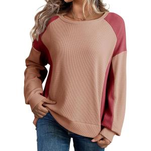 imageDokotoo Oversized Sweatshirt for Women Waffle Knit Color Block Crewneck Long Sleeve Casual High Low Pullover Sweatshirts TopsRed