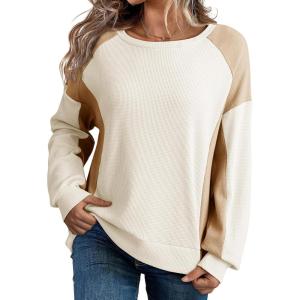 imageDokotoo Oversized Sweatshirt for Women Waffle Knit Color Block Crewneck Long Sleeve Casual High Low Pullover Sweatshirts TopsWhite