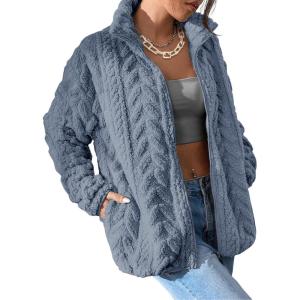 imageDokotoo Winter Fleece Jacket for Women 2025 Zipper Stand Collar Casual Coats with PocketsDusk Blue