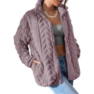 imageDokotoo Winter Fleece Jacket for Women 2025 Zipper Stand Collar Casual Coats with PocketsPurple