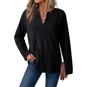 imageDokotoo Women Tops Long Sleeve V Neck Shirts 2025 Fall Fashion Dressy Casual Business Tunic BlousesBlack