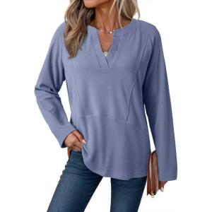 imageDokotoo Women Tops Long Sleeve V Neck Shirts 2025 Fall Fashion Dressy Casual Business Tunic BlousesBlue