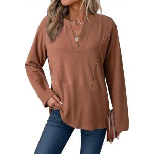 imageDokotoo Women Tops Long Sleeve V Neck Shirts 2025 Fall Fashion Dressy Casual Business Tunic BlousesCoffee