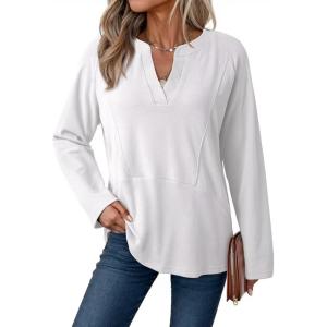 imageDokotoo Women Tops Long Sleeve V Neck Shirts 2025 Fall Fashion Dressy Casual Business Tunic BlousesWhite