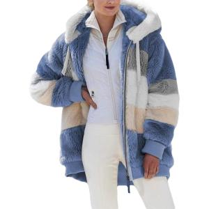 imageDokotoo Womens 2025 Winter Fuzzy Fleece Jacket Hooded Color Block Patchwork Cardigan Coats Outerwear with PocketsA Blue