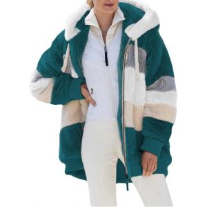 imageDokotoo Womens 2025 Winter Fuzzy Fleece Jacket Hooded Color Block Patchwork Cardigan Coats Outerwear with PocketsA Green 2