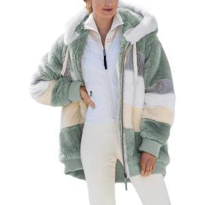 imageDokotoo Womens 2025 Winter Fuzzy Fleece Jacket Hooded Color Block Patchwork Cardigan Coats Outerwear with PocketsA Green