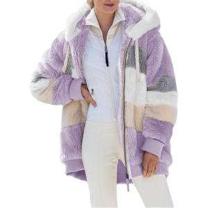 imageDokotoo Womens 2025 Winter Fuzzy Fleece Jacket Hooded Color Block Patchwork Cardigan Coats Outerwear with PocketsA Purple