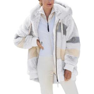 imageDokotoo Womens 2025 Winter Fuzzy Fleece Jacket Hooded Color Block Patchwork Cardigan Coats Outerwear with PocketsA White