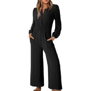 imageDokotoo Womens Casual Jumpsuits Loose Long Sleeves Overalls One Piece Button Wide Leg Pant Rompers With PocketsBlack