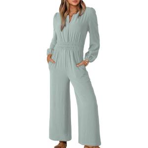 imageDokotoo Womens Casual Jumpsuits Loose Long Sleeves Overalls One Piece Button Wide Leg Pant Rompers With PocketsDusk Blue