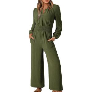 imageDokotoo Womens Casual Jumpsuits Loose Long Sleeves Overalls One Piece Button Wide Leg Pant Rompers With PocketsGreen