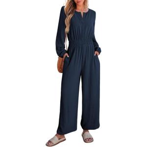 imageDokotoo Womens Casual Jumpsuits Loose Long Sleeves Overalls One Piece Button Wide Leg Pant Rompers With PocketsNavy Blue