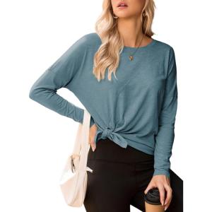 imageDokotoo Womens Casual Long Sleeve 2025 T Shirt Crewneck Side Split Fall Tie Knot Pullover Loose Tunic TopsDusk Blue
