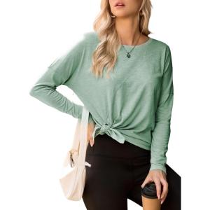 imageDokotoo Womens Casual Long Sleeve 2025 T Shirt Crewneck Side Split Fall Tie Knot Pullover Loose Tunic TopsSmoke Green