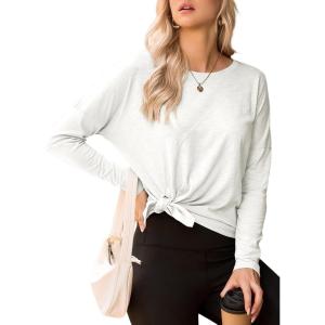 imageDokotoo Womens Casual Long Sleeve 2025 T Shirt Crewneck Side Split Fall Tie Knot Pullover Loose Tunic TopsWhite