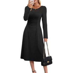 imageDokotoo Womens Casual Long Sleeve Dresses Fashion Fall Lace Crewneck Elegant Solid Formal Midi DressBlack