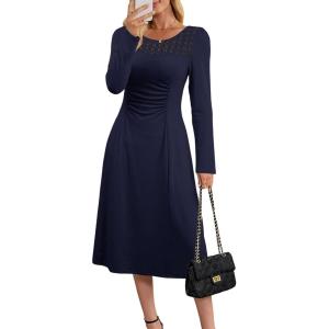 imageDokotoo Womens Casual Long Sleeve Dresses Fashion Fall Lace Crewneck Elegant Solid Formal Midi DressDark Blue