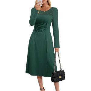 imageDokotoo Womens Casual Long Sleeve Dresses Fashion Fall Lace Crewneck Elegant Solid Formal Midi DressGreen