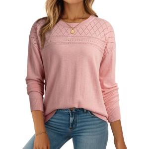 imageDokotoo Womens Casual Long Sleeve Wool Hollow Out Sweaters for Women 2025 Trendy Lightweight Crochet Pullover TopsGossamer Pink