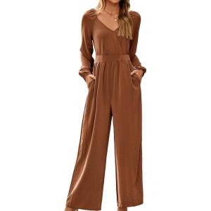 imageDokotoo Womens Casual Loose Overalls Jumpsuits One Piece Long Sleeve Wide Leg Pant Rompers With PocketsChestnut