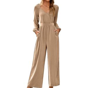 imageDokotoo Womens Casual Loose Overalls Jumpsuits One Piece Long Sleeve Wide Leg Pant Rompers With PocketsParchment
