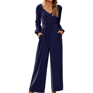 imageDokotoo Womens Casual Loose Overalls Jumpsuits One Piece Long Sleeve Wide Leg Pant Rompers With PocketsSail Blue