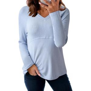 imageDokotoo Womens Casual T Shirts Long Sleeve V Neck Ribbed Knit Tops Tee ShirtsBeau Blue