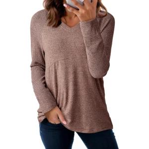 imageDokotoo Womens Casual T Shirts Long Sleeve V Neck Ribbed Knit Tops Tee ShirtsChestnut