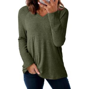imageDokotoo Womens Casual T Shirts Long Sleeve V Neck Ribbed Knit Tops Tee ShirtsFour Leaf Clover