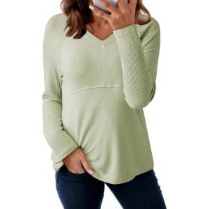 imageDokotoo Womens Casual T Shirts Long Sleeve V Neck Ribbed Knit Tops Tee ShirtsMeadow Mist Green