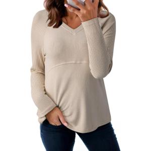 imageDokotoo Womens Casual T Shirts Long Sleeve V Neck Ribbed Knit Tops Tee ShirtsParchment