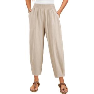 imageDokotoo Womens Cotton Baggy Wide Leg Pants Casual Elastic Waisted Loose Lounge Harem Pants with PocketsBeige