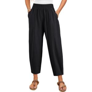 imageDokotoo Womens Cotton Baggy Wide Leg Pants Casual Elastic Waisted Loose Lounge Harem Pants with PocketsBlack