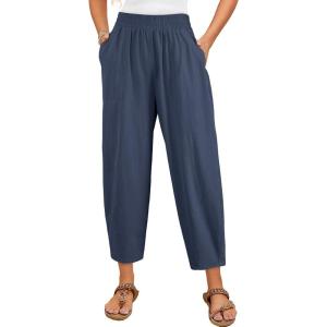 imageDokotoo Womens Cotton Baggy Wide Leg Pants Casual Elastic Waisted Loose Lounge Harem Pants with PocketsDirty Blue