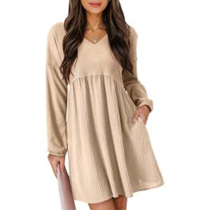 imageDokotoo Womens Fall Dresses 2025 Casual VNeck Long Sleeve Empire Waist Waffle Knit Mini Dress with PocketsApricot