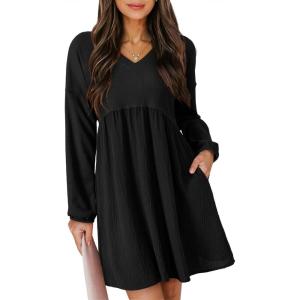 imageDokotoo Womens Fall Dresses 2025 Casual VNeck Long Sleeve Empire Waist Waffle Knit Mini Dress with PocketsBlack