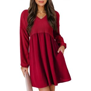 imageDokotoo Womens Fall Dresses 2025 Casual VNeck Long Sleeve Empire Waist Waffle Knit Mini Dress with PocketsRed