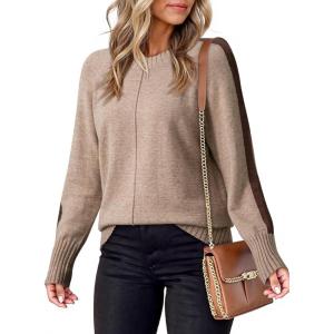 imageDokotoo Womens Fall Sweaters Casual Long Sleeve Crewneck Color Block Pullover Knit TopsBeige