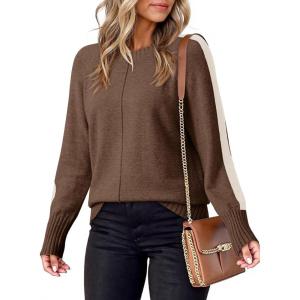 imageDokotoo Womens Fall Sweaters Casual Long Sleeve Crewneck Color Block Pullover Knit TopsBrown