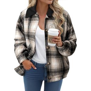 imageDokotoo Womens Flannel Plaid Shacket Jackets Corduroy Collar Long Sleeve Button Down Fleece Jackets Warm CoatBlack
