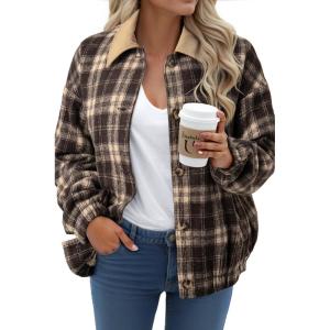 imageDokotoo Womens Flannel Plaid Shacket Jackets Corduroy Collar Long Sleeve Button Down Fleece Jackets Warm CoatDark Brown