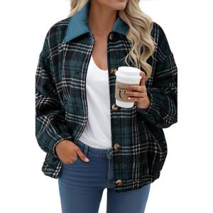 imageDokotoo Womens Flannel Plaid Shacket Jackets Corduroy Collar Long Sleeve Button Down Fleece Jackets Warm CoatSea Green