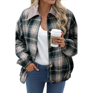 imageDokotoo Womens Flannel Plaid Shacket Jackets Corduroy Collar Long Sleeve Button Down Fleece Jackets Warm CoatSkobeloff